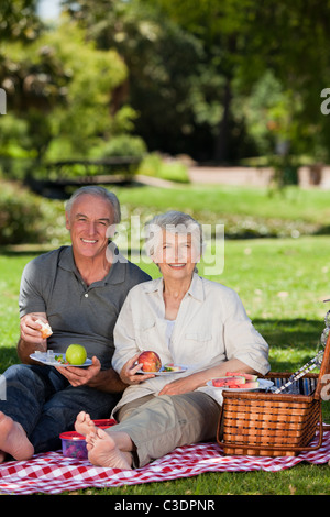 Couple de retraités le pique-nique dans le jardin Banque D'Images