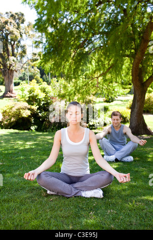 Couple practicing yoga in the park Banque D'Images