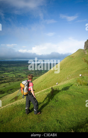 Walker escalade Benbulbin via les rois Gully piste, Comté de Sligo, Irlande. Banque D'Images