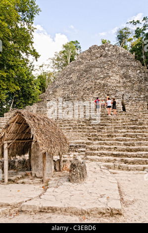 Les touristes de monter les 120 marches du temple connu sous le nom de structure de la Iglesia (l'Église). La petite structure avec le toit de chaume à l'avant-plan a été désigné comme la stèle 11. Coba est un grand site Maya du Mexique sur la péninsule du Yucatan à proximité de la plus célèbre les ruines de Tulum. Niché entre deux lacs, Coba est évaluée à la maison pour au moins 50 000 résidents à son pic précolombiennes. Banque D'Images