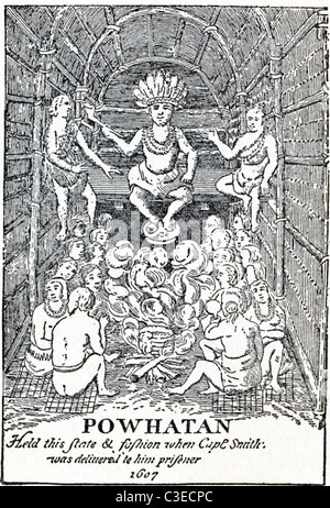 Cette illustration, extraite du John Smith's Journal, illustre la scène en 1607 lors de la Powhatan a tenu une réunion à propos de Smith. Banque D'Images