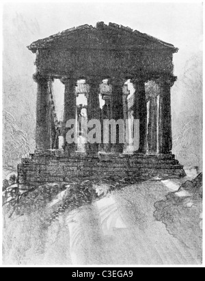 Lever du soleil derrière le Temple de la concorde, de Girgenti, Sicile ; une lithographie d'un crayon à encre croquis par Joseph Pennell. Banque D'Images