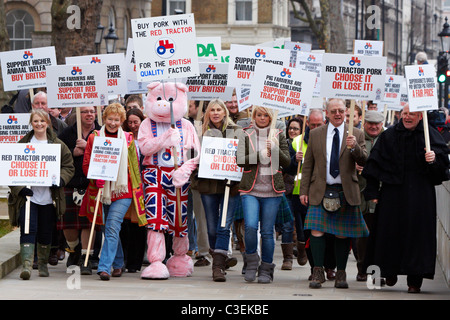 Christine Hamilton, Sharron Davies, Liz McClarnon & Man in costume cochon manger lors d'une protestation de porc britannique Banque D'Images