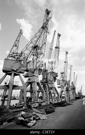 Ancienne Halbportalkräne (grues) qui permet de se tenir debout à côté d'un Kaispeicher (sur Dalmannkai) dans le port de Hambourg. Banque D'Images