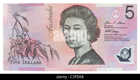 Cinq Dollar australien 5 $ billet de note la reine Elizabeth II 2ème. Banque D'Images