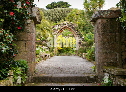 Passage de l'ancienne ruine prieuré bénédictin à l'abbaye de Tresco jardins dans les îles Scilly Banque D'Images