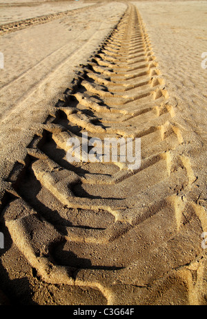 Les pneus du tracteur pneus imprimé empreinte sur désert de sable de plage Banque D'Images