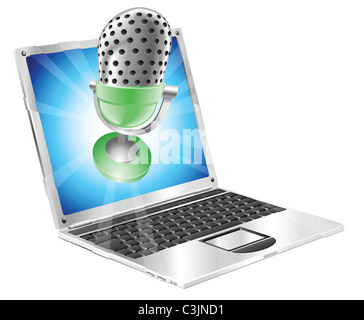 Un microphone battant hors de l'écran du portable. Concept pour tout ce qui touche à l'ordinateur ou en ligne enregistrements sonores ou de Banque D'Images