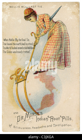 Vers 1890 Victorian trade card de Nellie Bly. La publicité pour le Dr Morse comprimés racine indienne. Banque D'Images