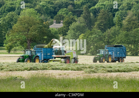 2 tracteurs John Deere et remorques de l'Ouest travaillant et conduisant dans les champs agricoles avec ensileuse Claas, chargement d'herbe coupée (ensilage) - Yorkshire, Angleterre, Royaume-Uni. Banque D'Images