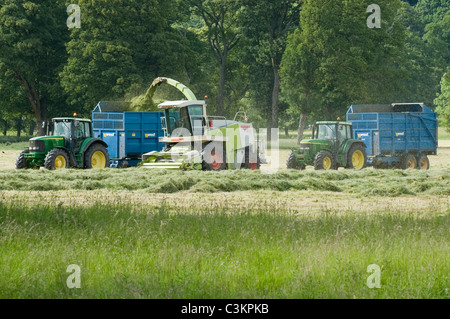 2 tracteurs John Deere et remorques de l'Ouest travaillant et conduisant dans les champs agricoles avec ensileuse Claas, chargement d'herbe coupée (ensilage) - Yorkshire, Angleterre, Royaume-Uni. Banque D'Images