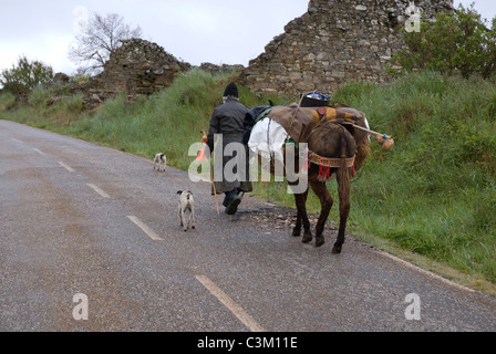 Pèlerin marche à travers le village de Manjarin, Camino de Santiago, au nord de l'Espagne Banque D'Images