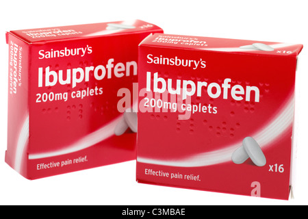 Deux paquets de 16 ibuprofène 200mg Caplets Sainsburys Banque D'Images