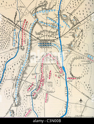 Bataille de Gettysburg 1-3 juillet 1863. Carte montrant les forces de l'Union de bleu au cours de l'une des premières phases de la bataille Banque D'Images