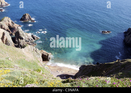 Vue sur Telegraph Bay et plage, Alderney, Channel Islands Banque D'Images