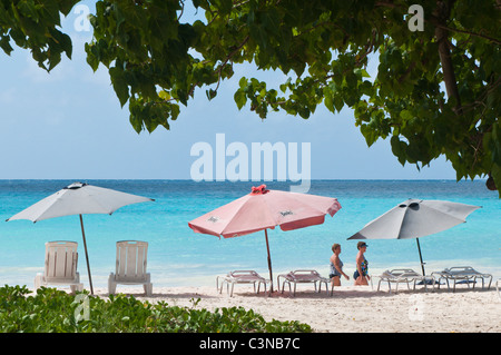 Parasols et chaises longues sur la plage de Rockley Barbade, Caraïbes. Banque D'Images