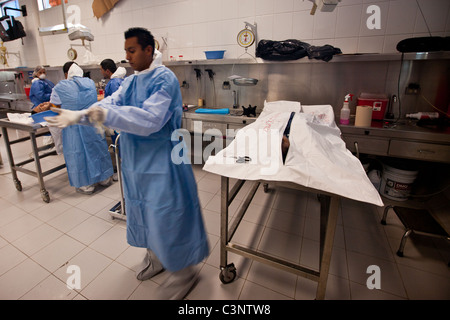 Les experts médico-légaux effectuer des autopsies sur les victimes de la fusillade et assignations au Laboratoire judiciaire de la ville de Juarez Juarez, Mexique Banque D'Images