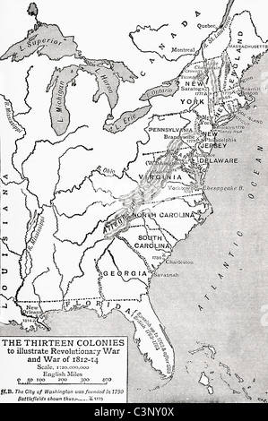 Carte montrant les Treize Colonies, pour illustrer la guerre révolutionnaire et de la guerre de 1812-1814. Banque D'Images