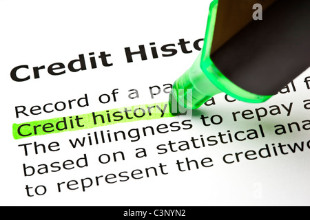 'Histoire de crédit' en surbrillance en vert, sous la rubrique "historique de crédit" Banque D'Images