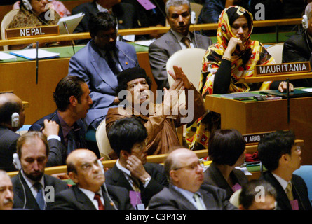 Le leader libyen le Colonel Kadhafi assiste à la 64e Assemblée générale au Siège des Nations Unies le 23 septembre 2009 à New Banque D'Images