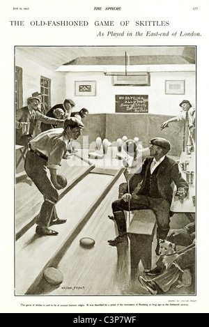 Pub Skittles, illustration de l'ancienne comme jeu joué dans une pub alley dans l'East End de Londres Banque D'Images