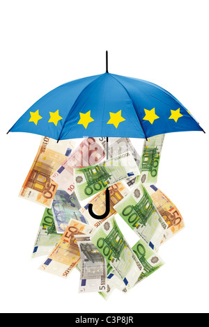 Billets under umbrella against white background Banque D'Images