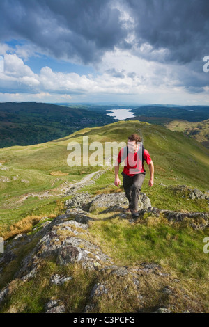 Homme de race blanche à monter avec Pike Heron Windermere dans la distance. Parc National de Lake District. La région de Cumbria. L'Angleterre. UK. Banque D'Images