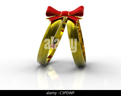 Anneaux de mariage avec arc rouge sur fond blanc Banque D'Images