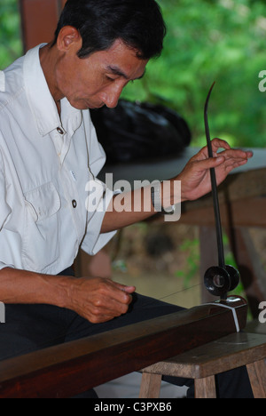 Musicien jouant les Vietnamiens dan bau (un-cordes cithare) Banque D'Images