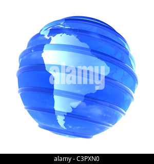 Blue glassy transparente la planète Terre avec des lignes parallèles. Objet 3D a porté en Amérique du Sud sur fond blanc. Banque D'Images
