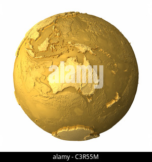 Globe d'or - métal terre avec une topographie réaliste - l'Australie, 3D render Banque D'Images