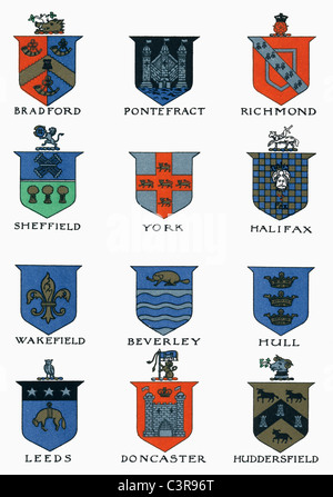 Les blasons des principales villes du Yorkshire. À partir de l'histoire pittoresque du Yorkshire, publié c.1900. Banque D'Images