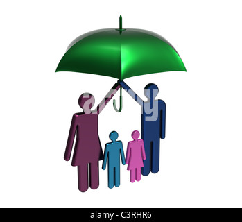 La protection de la famille en vertu de grand parapluie isolé sur blanc rendre Banque D'Images