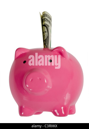 Pink piggy bank farcies avec un dollar isolé sur fond blanc Banque D'Images