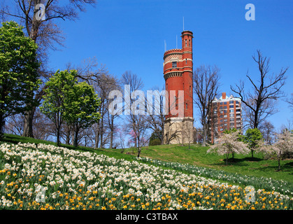 Tapis de fleurs de printemps les collines au-dessous du château d'eau d'Eden Park, Cincinnati, Ohio, USA Banque D'Images