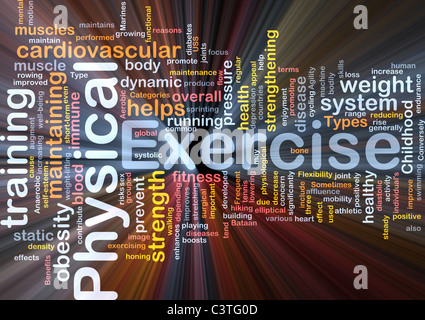 Concept d'arrière-plan wordcloud illustration de l'exercice physique lumière rougeoyante Banque D'Images