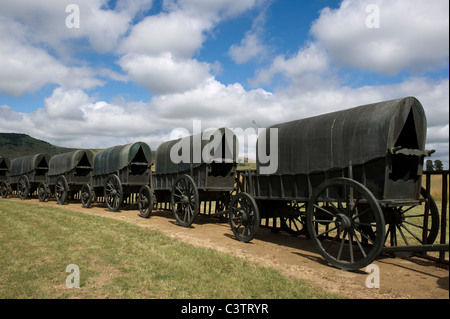 Assiégés avec des répliques de bronze ox-wagons utilisés par les Voortrekkers à la bataille de Blood River, Blood River museum, Afrique du Sud Banque D'Images