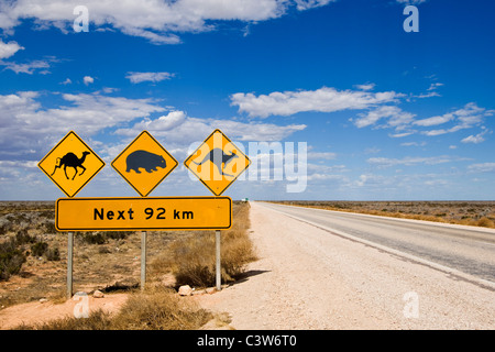 La signalisation routière sur l'Eyre Highway, plaine du Nullarbor, Australie du Sud. Banque D'Images