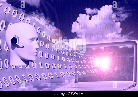 Digital World concept : code binaire découlant de laptop par mannequin Banque D'Images