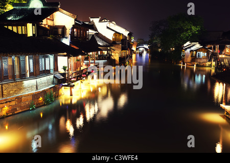 Xizha ancien village de nuit, Shandong, Chine. Banque D'Images