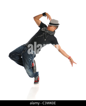 Hip hop dancer performing isolé sur fond blanc Banque D'Images