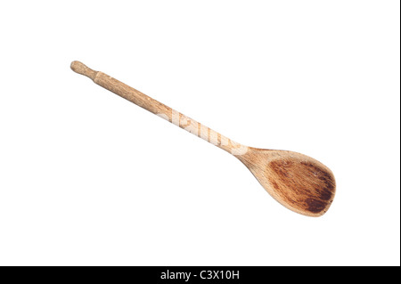 Une cuillère de cuisine en bois ancien isolated on white Banque D'Images