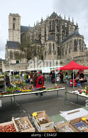 Sarthe - Vue de la Cathédrale Saint Julien le jour du marché dans Le Mans, célèbre ville française sur la rivière Sarthe Banque D'Images