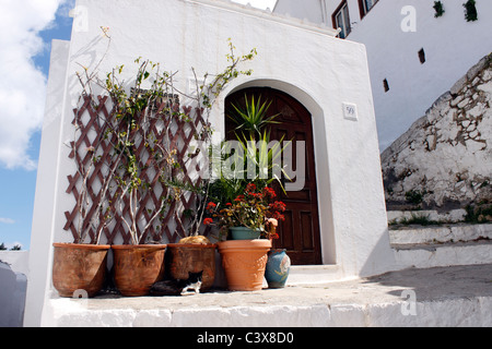 VILLAGE TRADITIONNEL DE BÂTIMENTS DANS LES PETITES RUES DE LINDOS SUR L'île grecque de Rhodes. Banque D'Images