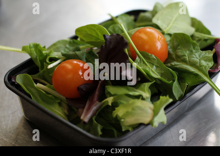 Un gros plan d'une salade dans un récipient en plastique à emporter. Banque D'Images