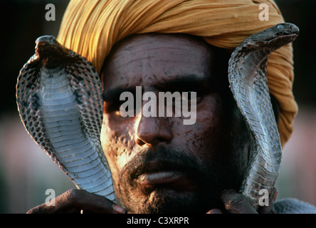 Charmeur de serpent avec deux cobras indiens. Jaipur - Inde Banque D'Images