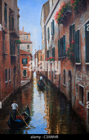 Une photo d'une peinture de couleur avec des gondoles sur un canal à Venise, Vénétie, Italie Banque D'Images