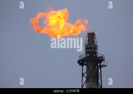 Torche est allumée sur la tour - la pollution de la raffinerie Banque D'Images