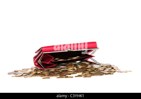 Pièces de monnaie portefeuille rouge isolated on white Banque D'Images