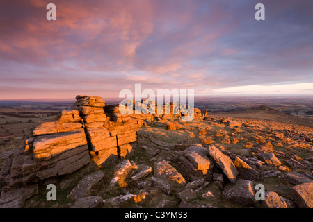 Les premiers rayons du soleil matinal se baignent dans une riche Tor plus glow, Dartmoor National Park, Devon, Angleterre. Banque D'Images